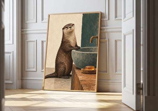 Upright otter guarding a bar of soap beside a stone basin, in the light-wood hero frame.