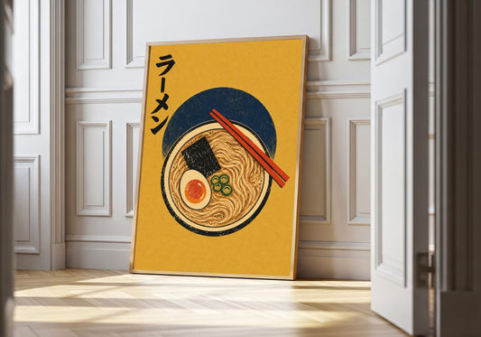 Overhead ramen bowl with egg, nori and red chopsticks in the light-wood hero frame.