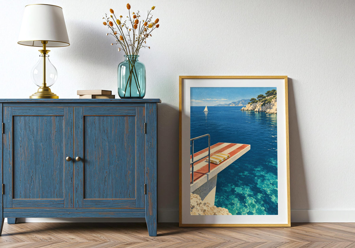 Home-office scene places the coastal print above a desk.