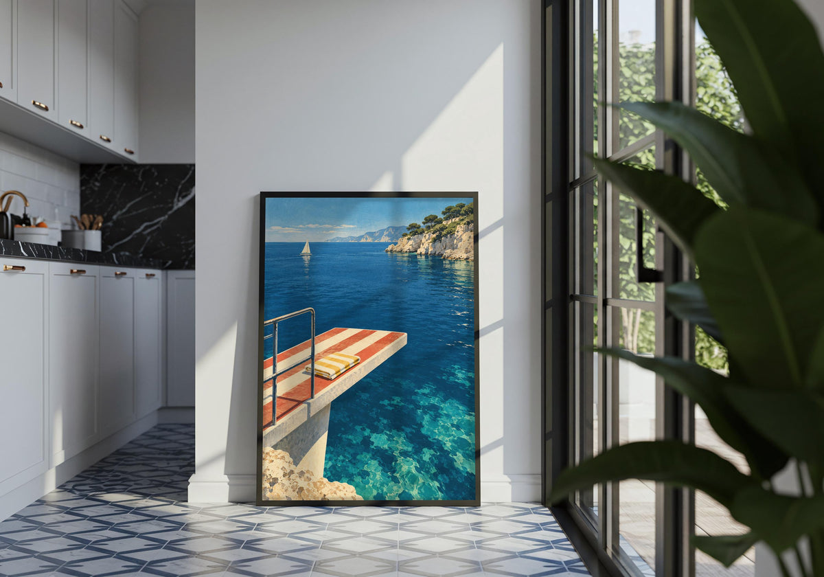 Living-room mock-up uses the Mediterranean water scene as a bright focal point.
