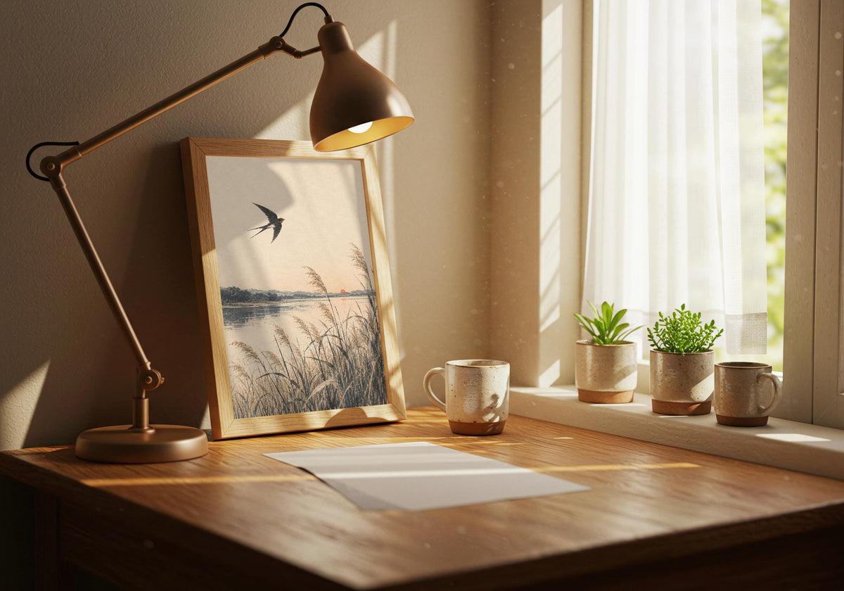 Record-corner room displays the swallow print above a low console.