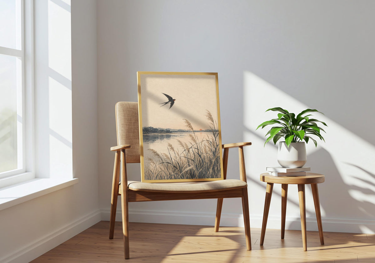 Chair-room styling shows the portrait bird art against a neutral wall.