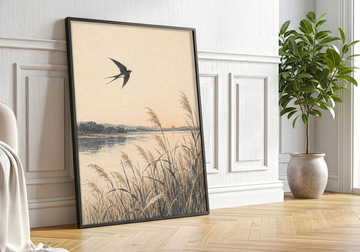 Black frame and greenery surround the open-sky swallow illustration.