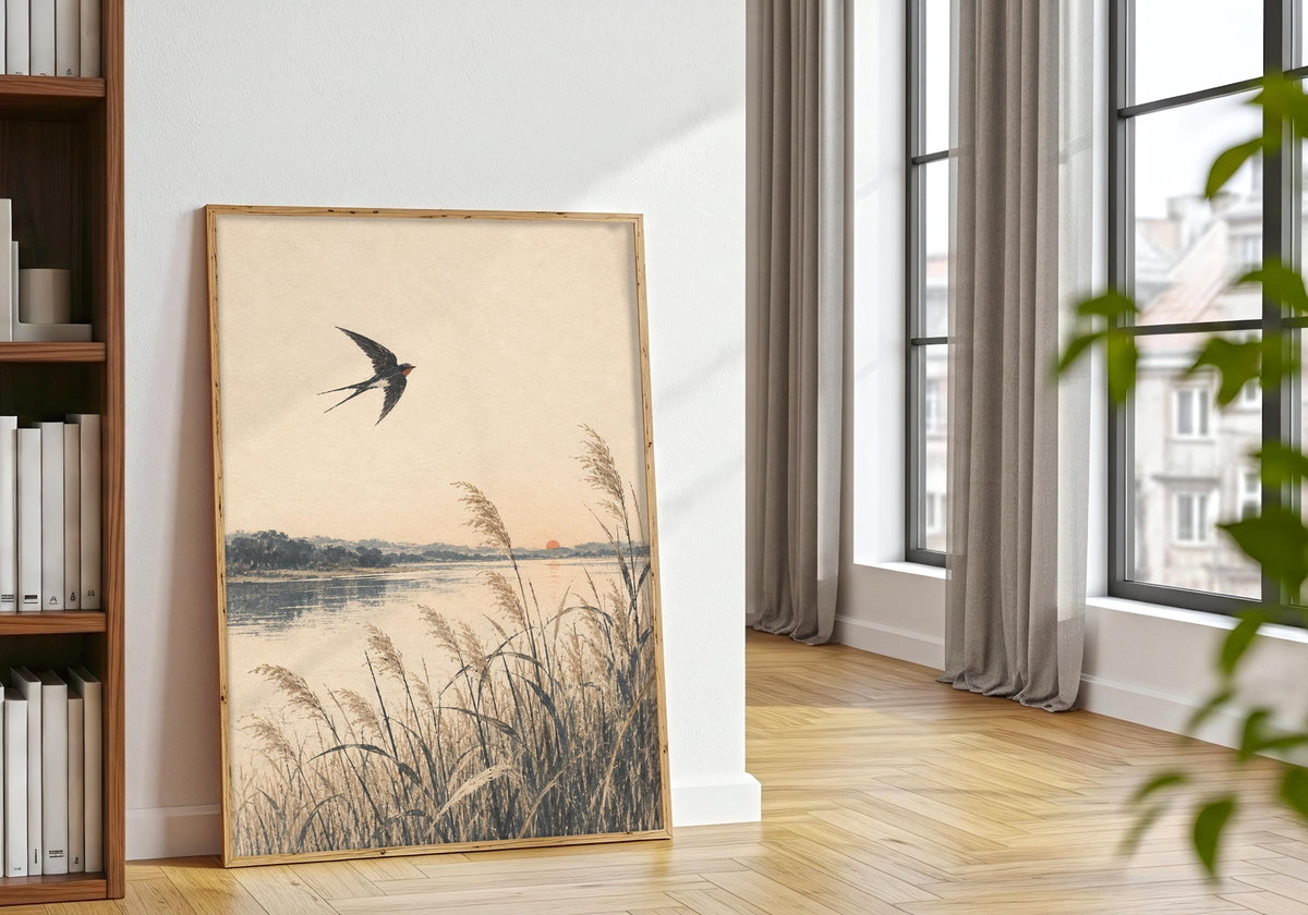 A plant-filled interior pairs with the quiet winter nature print.