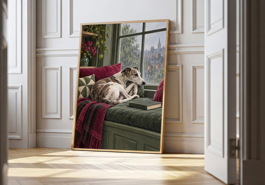 Brindle whippet curled on a rainy window seat beside a book in the light-wood hero frame.