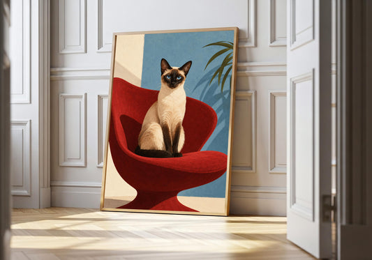 Blue-eyed Siamese cat seated on a red chair in the light-wood hero mock-up.