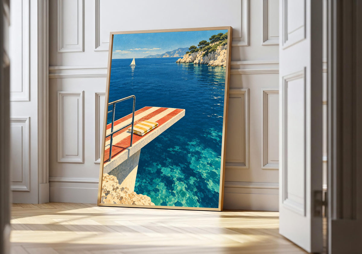 Striped diving platform above turquoise water in the light-wood hero frame.