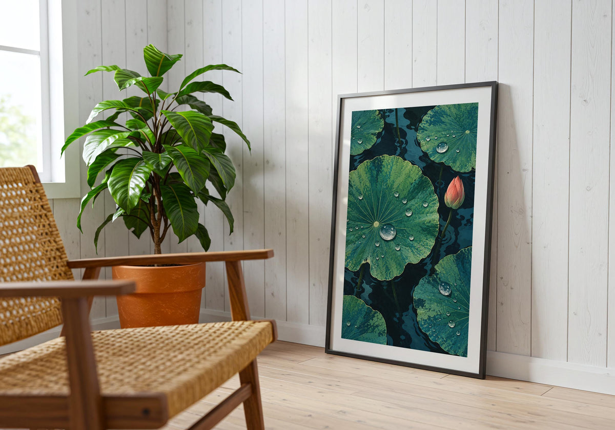 Shown on the floor beside a woven chair and green plant, this print features the jade-green overhead pond.
