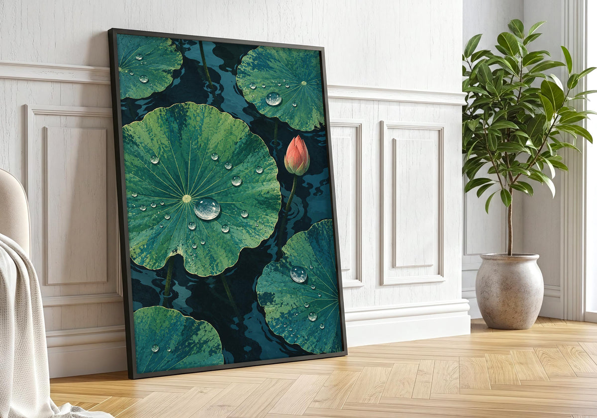 An interior mockup presents the leaf-and-droplet pattern against white panelling beside a large potted tree.
