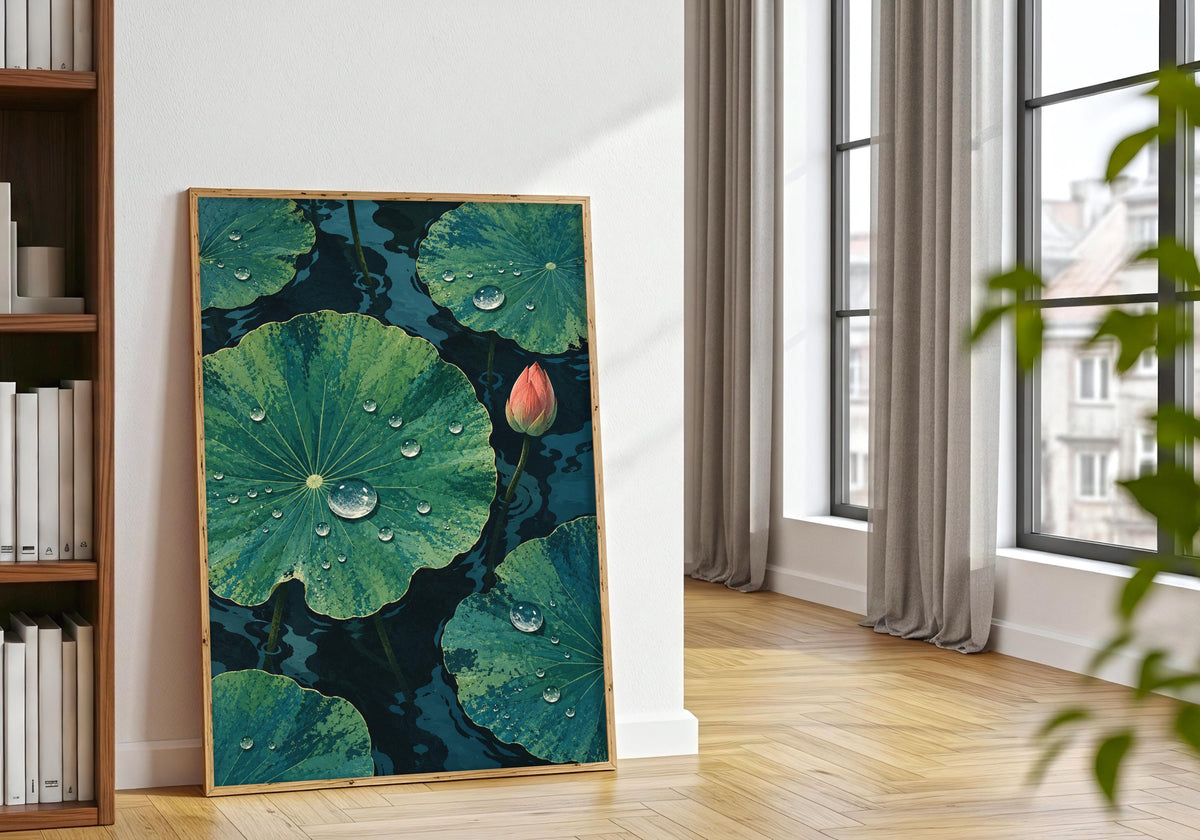 This setting shows the small bud above the pond on the floor near bookshelves and tall windows.