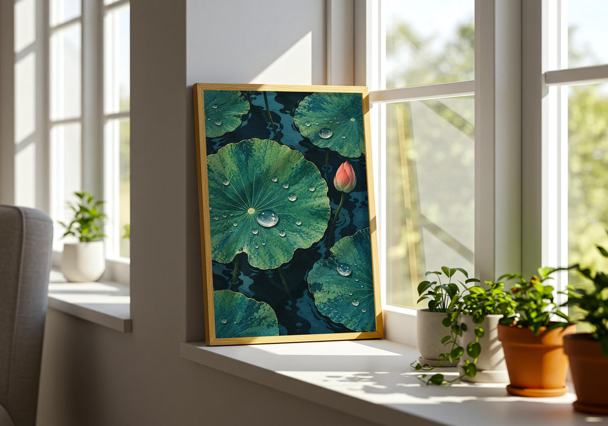 A wider styling view includes rounded leaves against dark water on a deep window ledge beside small plants.