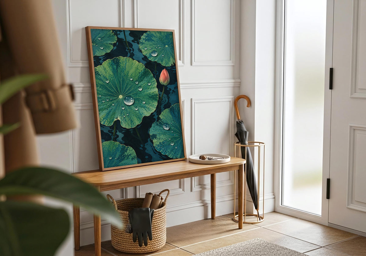 The last room image pairs the close botanical pond view with a frame on a hallway bench beside a closed umbrella.