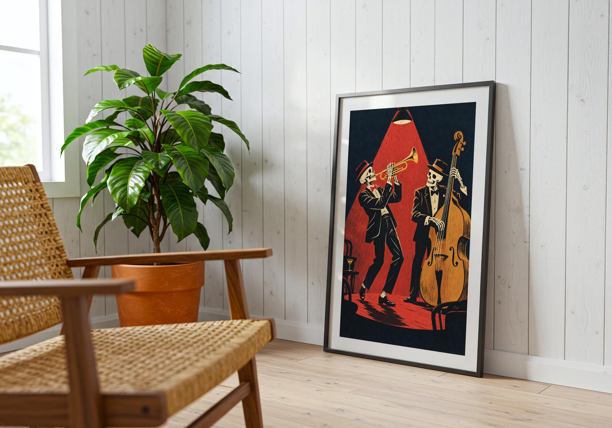 Shown on the floor beside a woven chair and green plant, this print features a skeleton with a double bass.