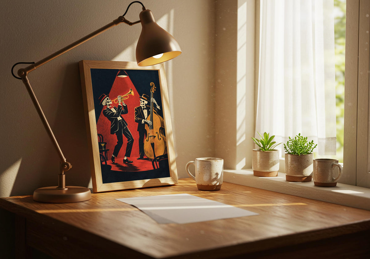 The room view places the red pool of stage light on a wooden desk beneath a task lamp.
