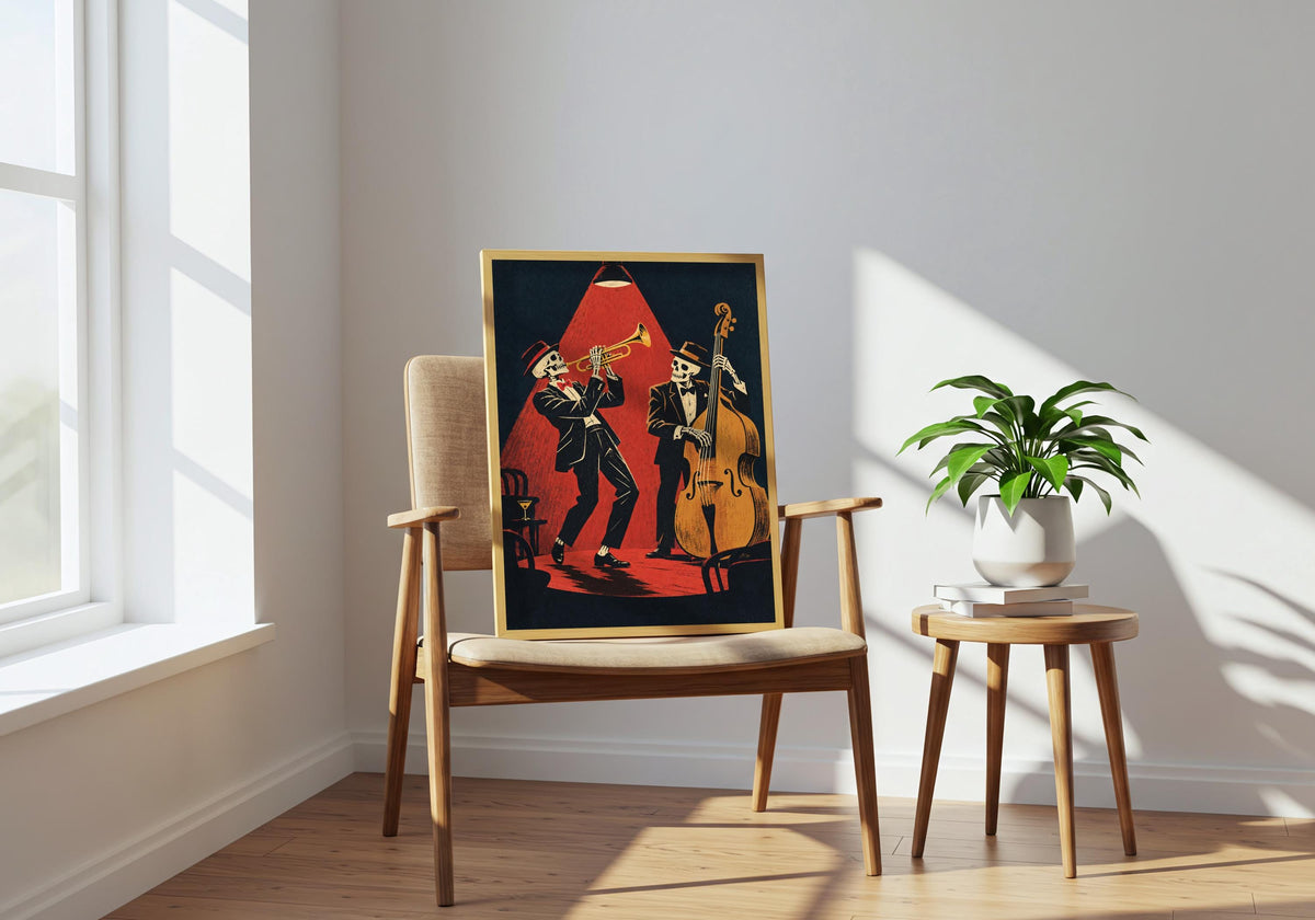 With the frame propped on a wooden chair beside a plant table, black suits and pale bones remains the focal detail.
