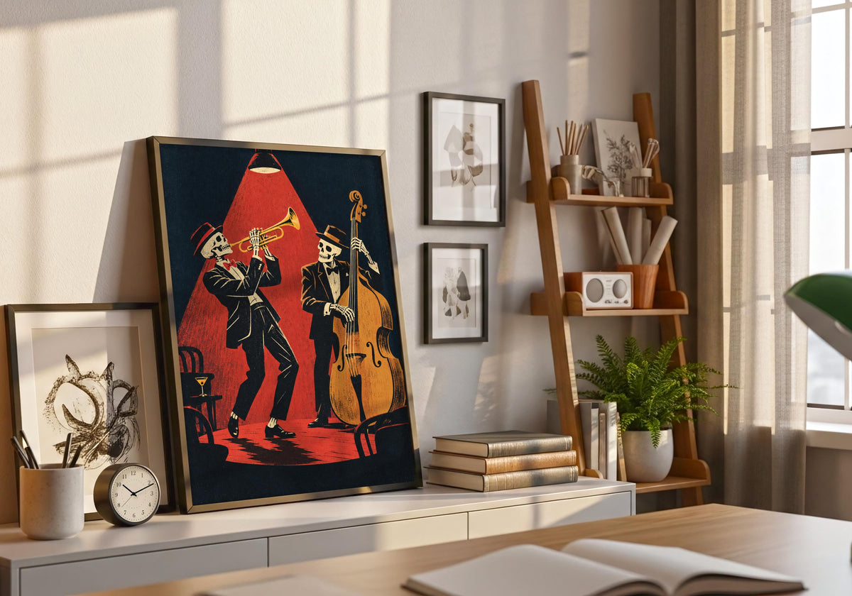 Here, the trumpet-and-bass illustration is displayed on a console among smaller framed pictures.