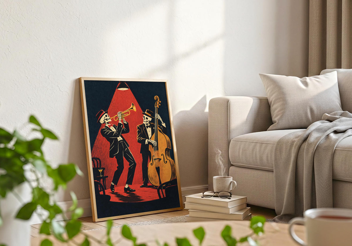 See the double bass beside the musician in the framed artwork beside a pale sofa with books on the floor.