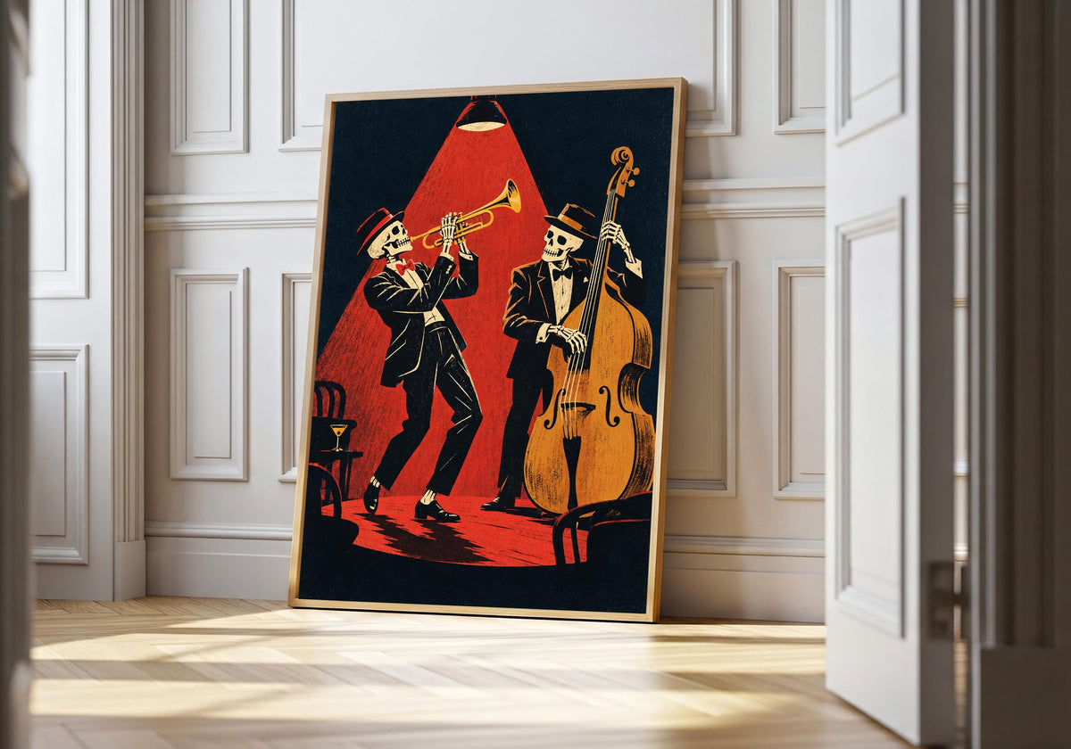 the skeleton trumpet player appears at a white panelled doorway.