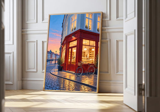 the red Copenhagen corner shop appears leaning against a white panelled wall.