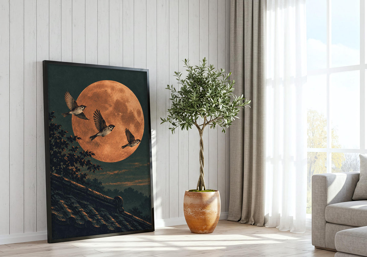 Beside a bright window and potted tree, the print shows the dark tiled roofline.