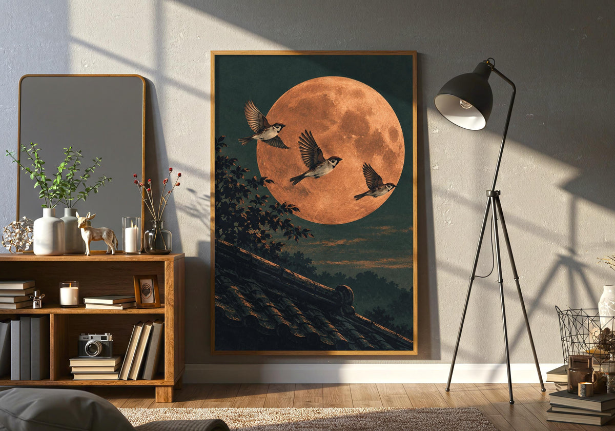 In a room with an open shelf and floor lamp, the picture presents the deep green night sky.