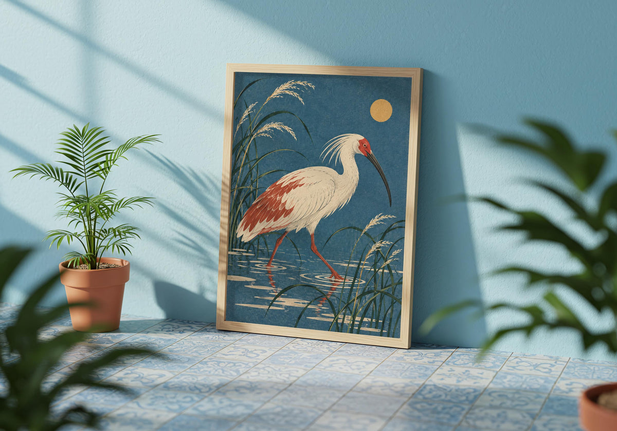 Against a blue wall with leafy shadows, the framed artwork depicts the rust wing feathers.