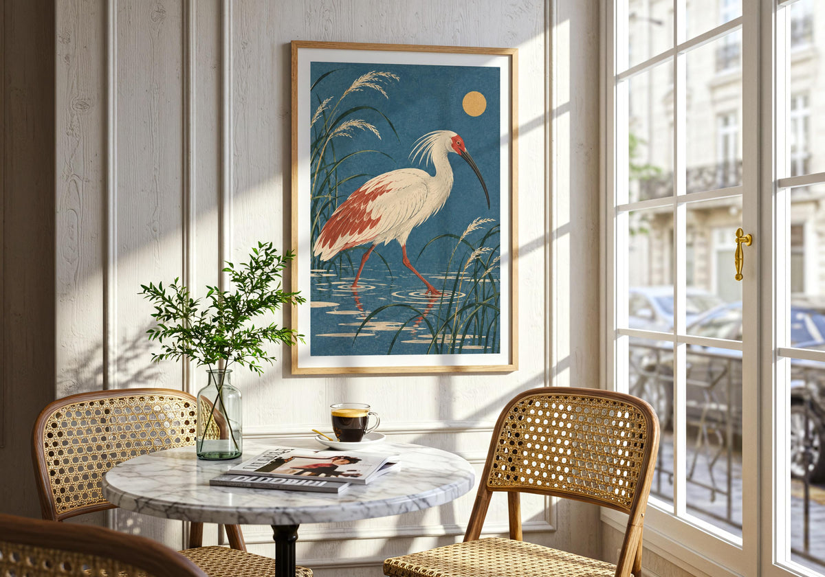 The wall above a round marble dining table displays the Japanese-inspired wading-bird picture.