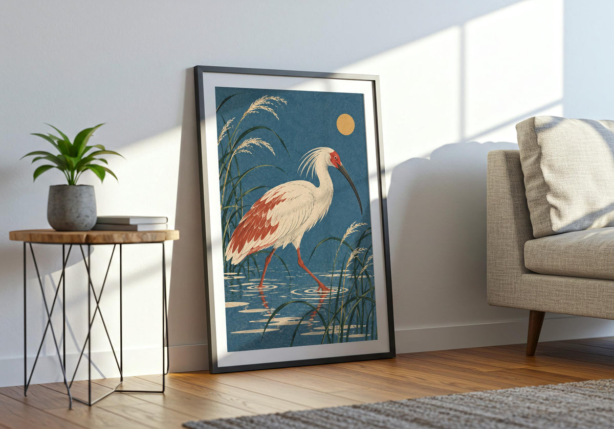 Beside a sofa and small green plant, a black frame holds the illustration of the bird’s curved bill and tall stance.