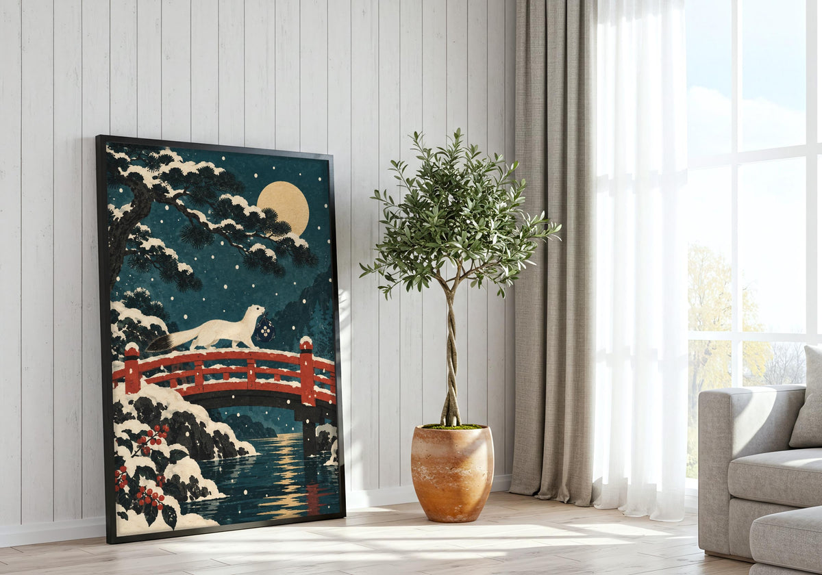 Beside a bright window and potted tree, the print shows vermilion rails above dark water.