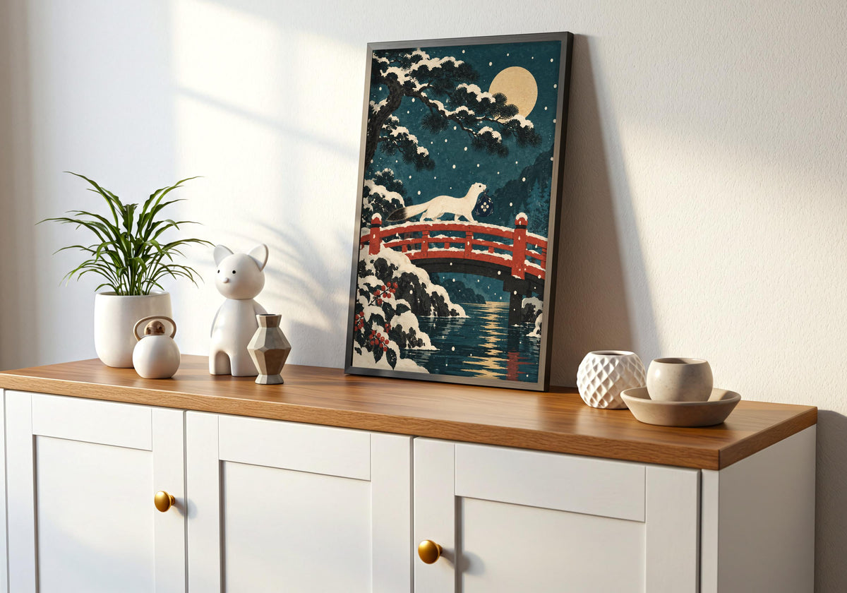 The artwork on a white cabinet with a wooden top includes snow-covered evergreen branches.