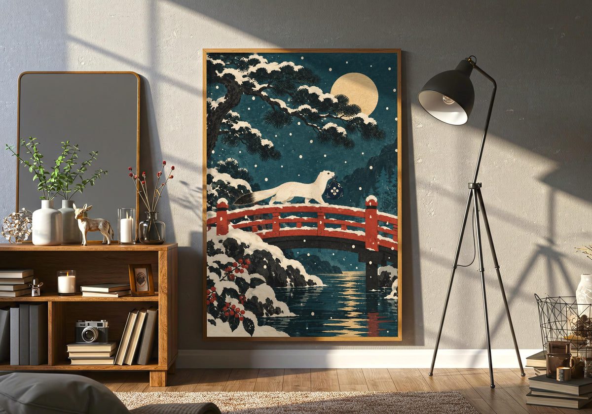 In a room with an open shelf and floor lamp, the picture presents the reflected red bridge.