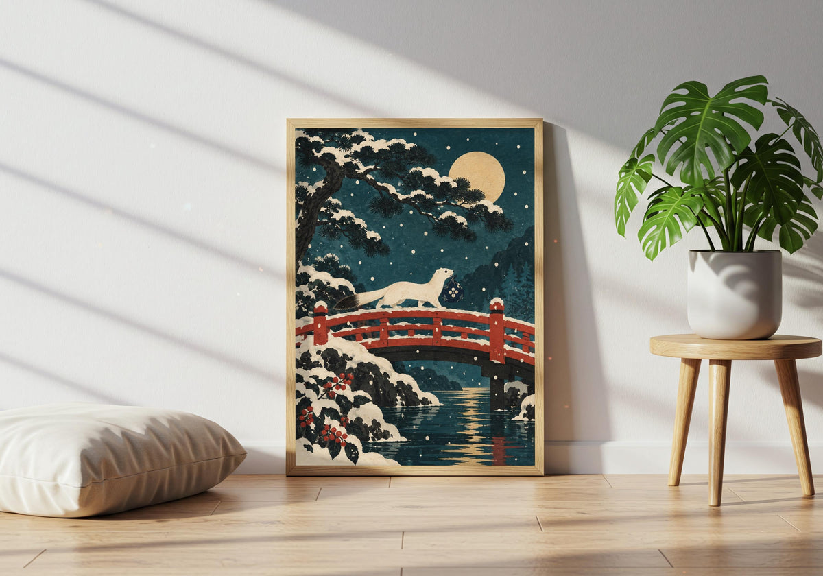 A plant table and floor cushion sit next to the framed view of the tiny animal against the snow.
