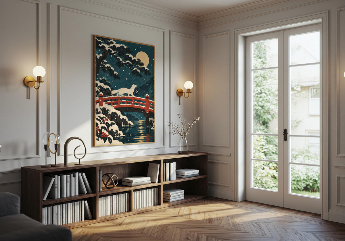 Above the record cabinet, the displayed artwork contains dark teal water below the rails.