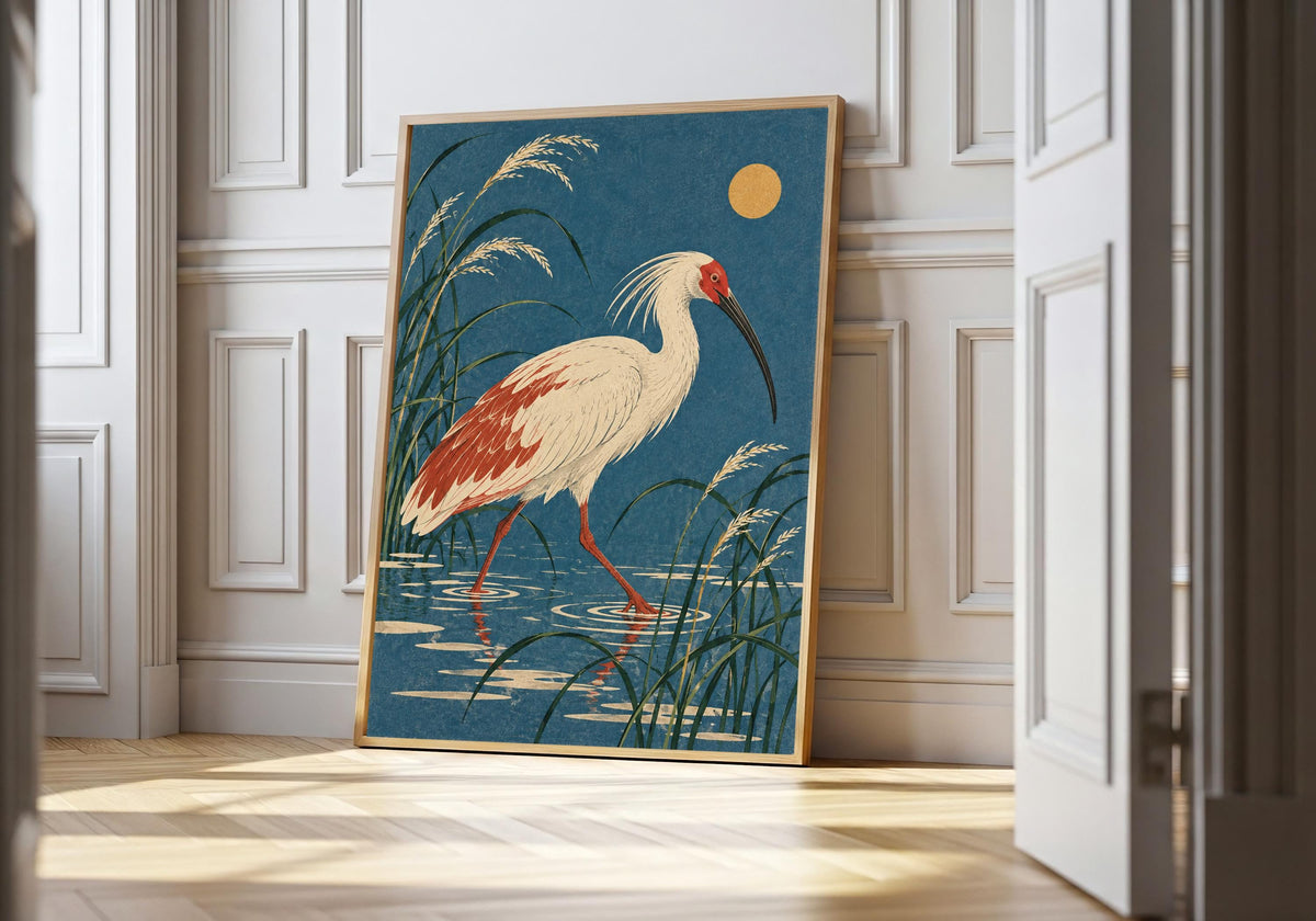 At a white doorway, a light-wood frame presents the curved-billed bird in blue water.