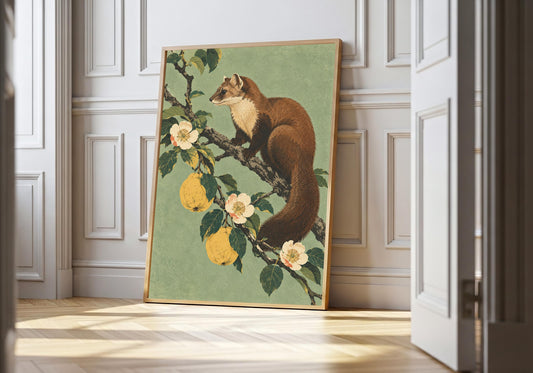 A light-wood frame at a white panelled doorway displays the pine marten on a quince branch.