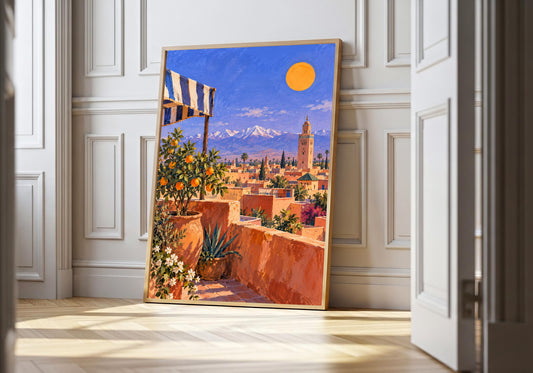 A light-wood frame at a white panelled doorway displays the Marrakech rooftop orange tree.