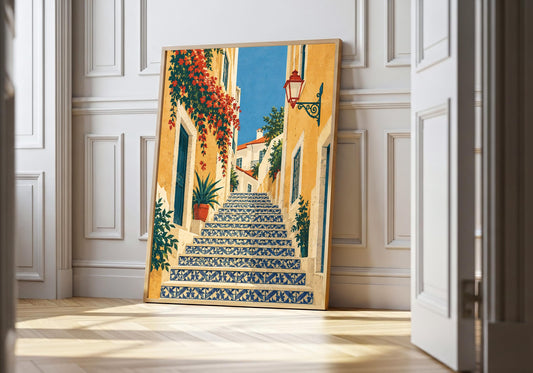 At a white doorway, a light-wood frame presents the blue-and-white tiled stairway.
