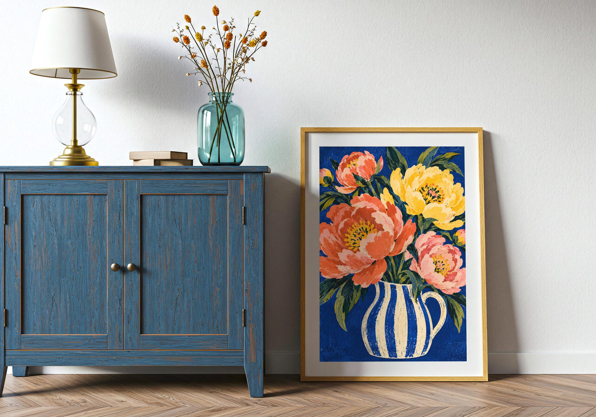 Shown on the floor beside a blue cabinet, the illustration features the blue-and-white vase.