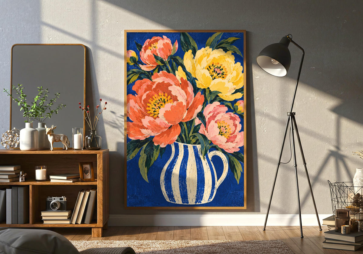 This interior presents rounded peony petals in a portrait frame near an open shelf and black floor lamp.