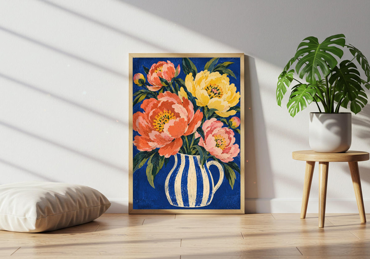 Here, the print of the colourful floral still life sits beside a plant table and floor cushion.