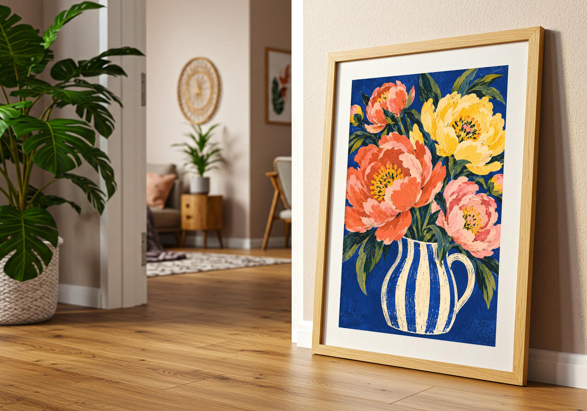 The styling pairs green leaves among the flowers with a frame on a wooden floor beside green houseplants.