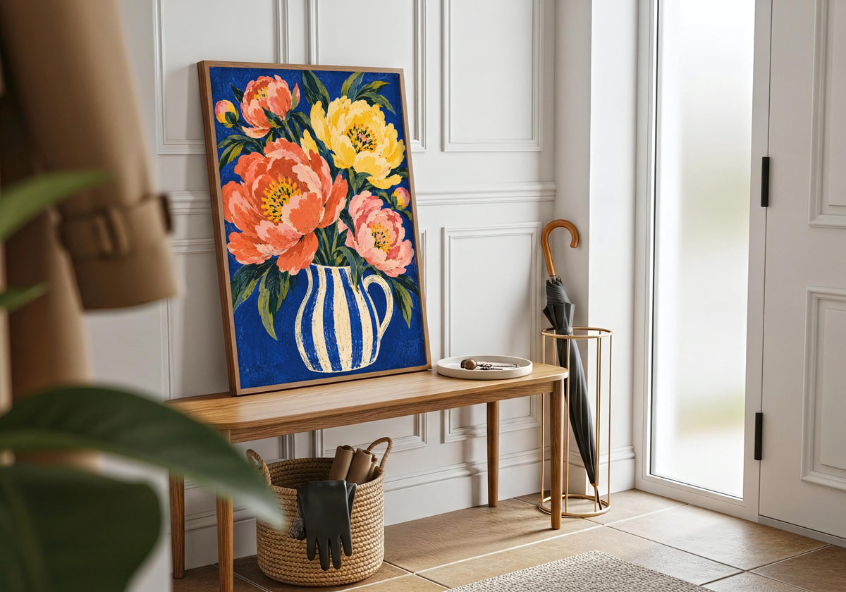 An interior view displays the bright peony arrangement on a wooden entryway bench beside a closed umbrella.