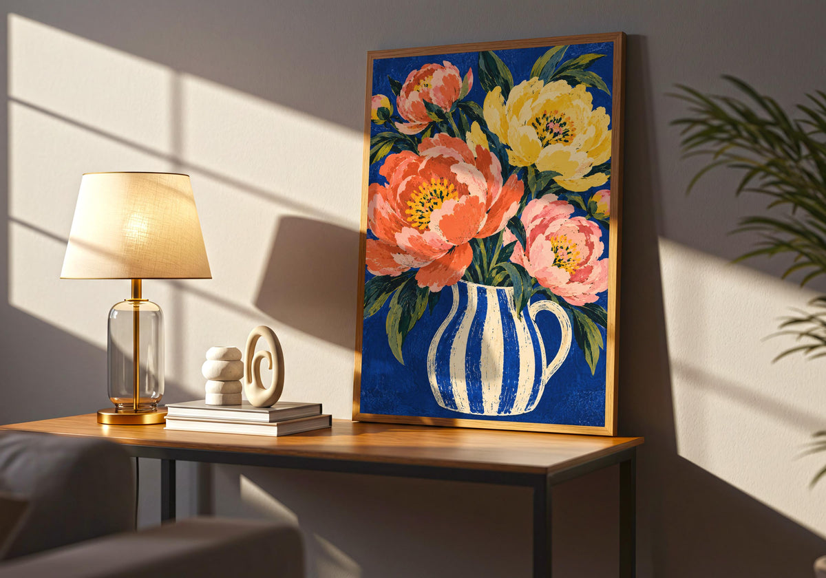 The final room mockup features the cobalt-and-pink flower illustration in the artwork on a table beside a lit lamp.