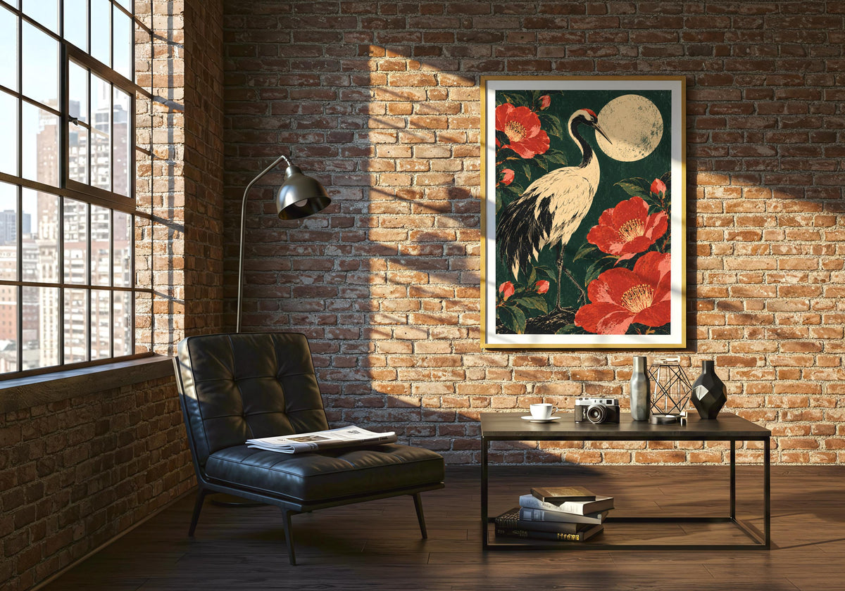 Shown on a brick wall above a black chair, the illustration features red blooms against dark green.