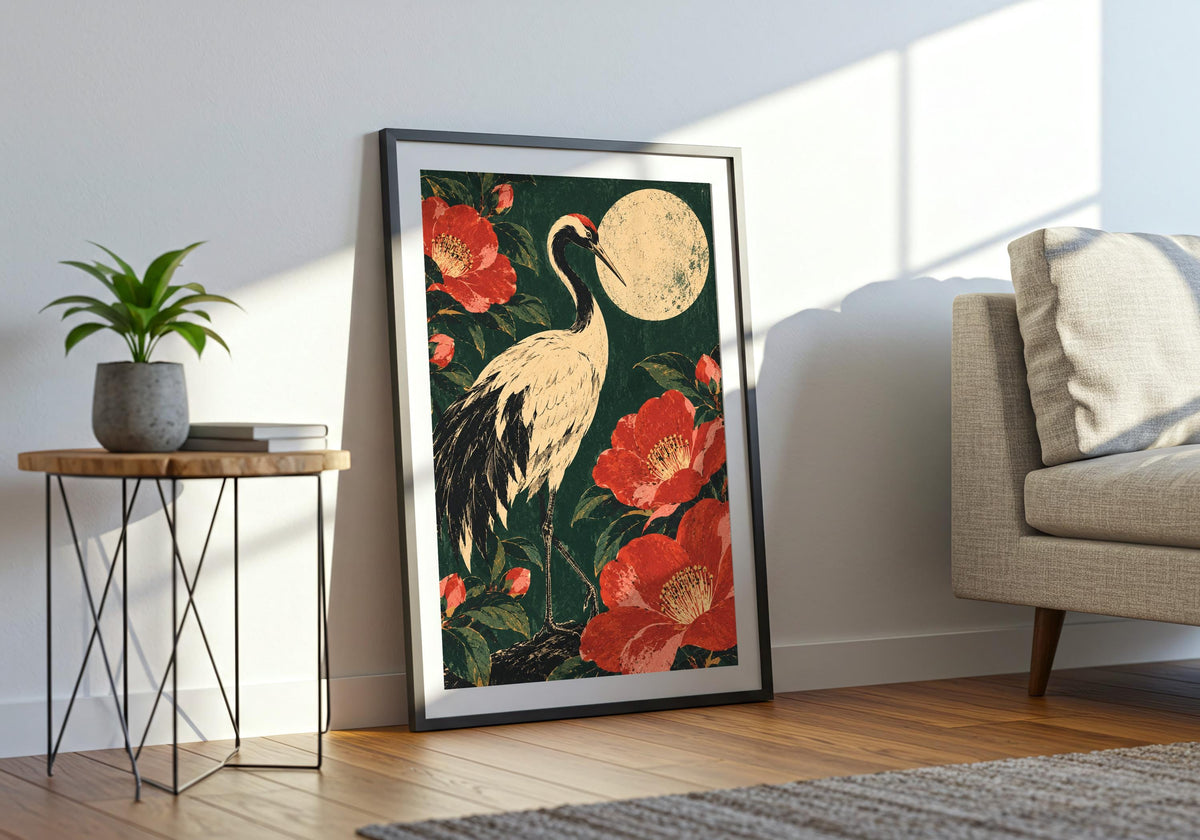 The final room mockup features the crane framed by large red blossoms in the artwork on the floor beside a sofa and small plant.
