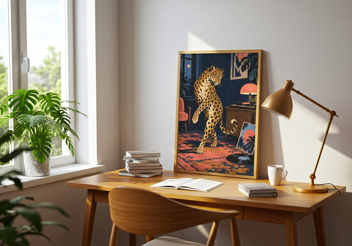 The room image includes the leopard beside a record player in a frame on a desk beside a brass task lamp.