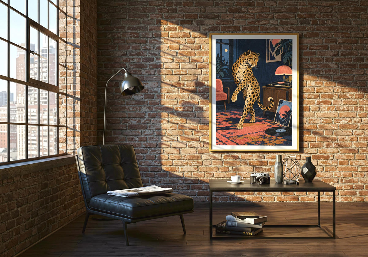 Shown on a brick wall above a black chair, the illustration features the framed record artwork.