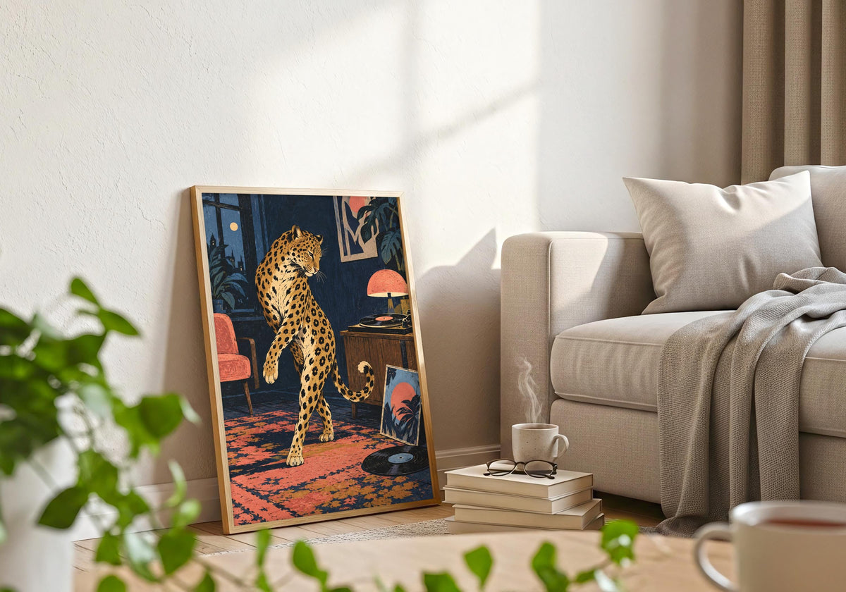 The styling pairs the animal and listening-room objects with a frame beside a pale sofa, books and foreground greenery.