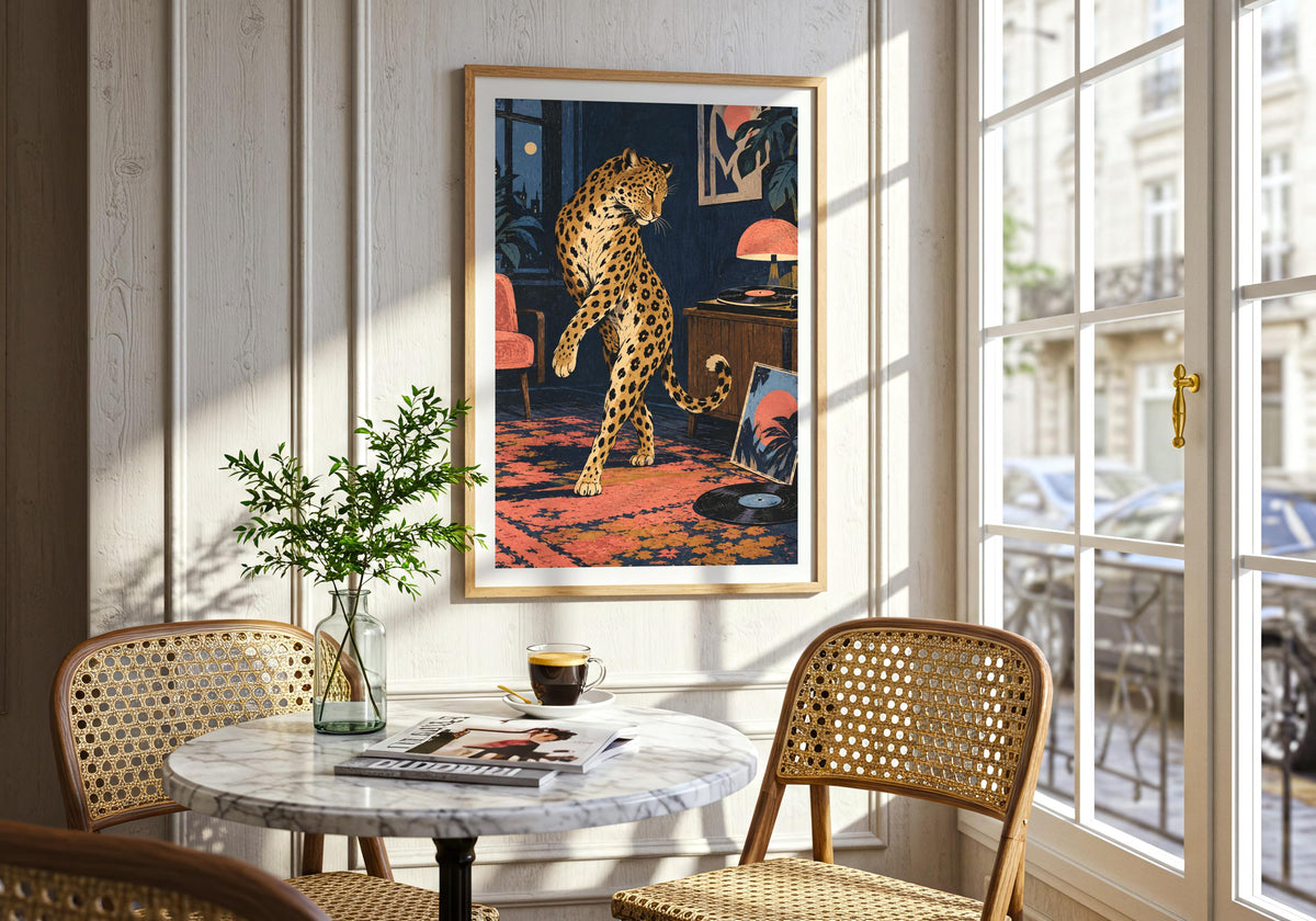 An interior view displays the music-themed animal picture on the wall beside a round marble dining table.