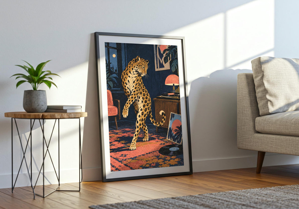 The final room mockup features the leopard’s dancing pose in the artwork on the floor beside a sofa and small plant.